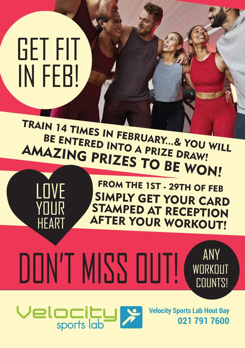 VSLHoutBay's tweet photo. GET FIT THIS FEBRUARY! Train 14 times this month &amp; you will be entered into a prize draw with AMAZING prizes! Any workout counts - love your heart this month! 

#vslhoutbay #velocitysportslab #fitness #competition #exercise #motivation https://t.co/Si0ngoZDKY