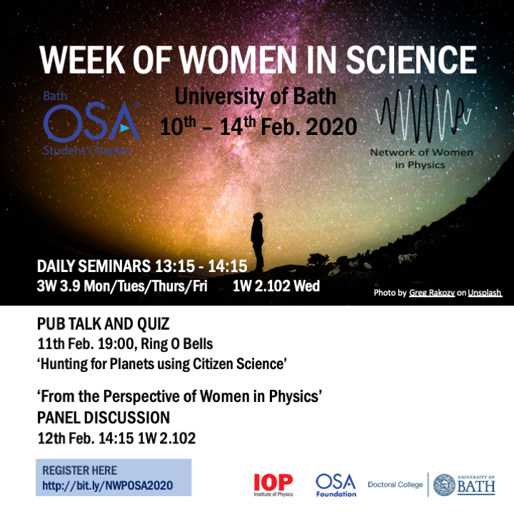 BathPhysics's tweet photo. Join us on the 10th-14th of February for a week of Women in Science
#WomenInScience #WomenInSTEM @OpticalSociety @UniofBath @IOPPublishing @IOPDiversity @UniofBathSci https://t.co/FMKqWqJSgC