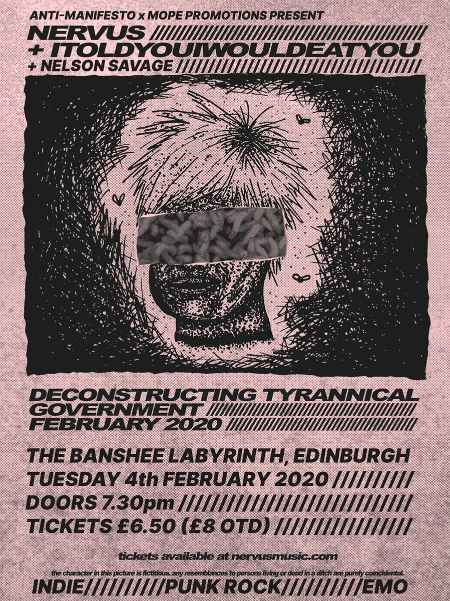 😱 TODAY 😱
Set times are
8pm - <a href="/nelsonsavages/">Nelson Savage</a> 
8.45pm - <a href="/ITYIWtweetyou/">itoldyouiwouldeatyou</a> 
9.45pm - <a href="/nervusmusic/">niewiarygodny</a> 

You have until 3pm to order a cheap ticket, then it's £8 on the door.

antimanifesto.bandcamp.com/merch/nervus-i…