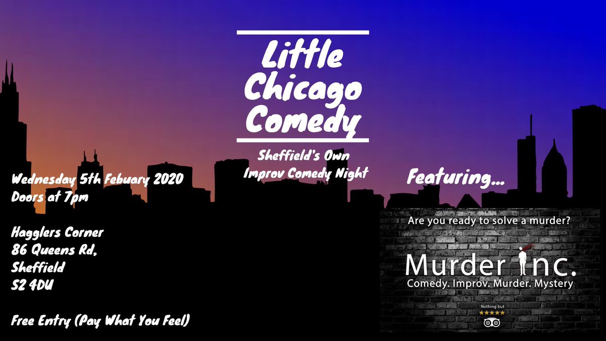 Little Chicago Theatre (@littlectheatre) on Twitter photo Hot diggity dog, there’s only 1 more day until our first Little Chicago show of 2020!
Joining our wonderful house team <a href="/sturike_comedy/">SturikeComedy</a> are our extra-special guests @MurderIncImprov 👏🏻👌🏻✨
Entry is FREE/PWYF, Haggler’s Corner, doors at 7pm, show at 7.30pm, be there! Hot diggity dog, there’s only 1 more day until our first Little Chicago show of 2020!
Joining our wonderful house team <a href="/sturike_comedy/">SturikeComedy</a> are our extra-special guests @MurderIncImprov 👏🏻👌🏻✨
Entry is FREE/PWYF, Haggler’s Corner, doors at 7pm, show at 7.30pm, be there!