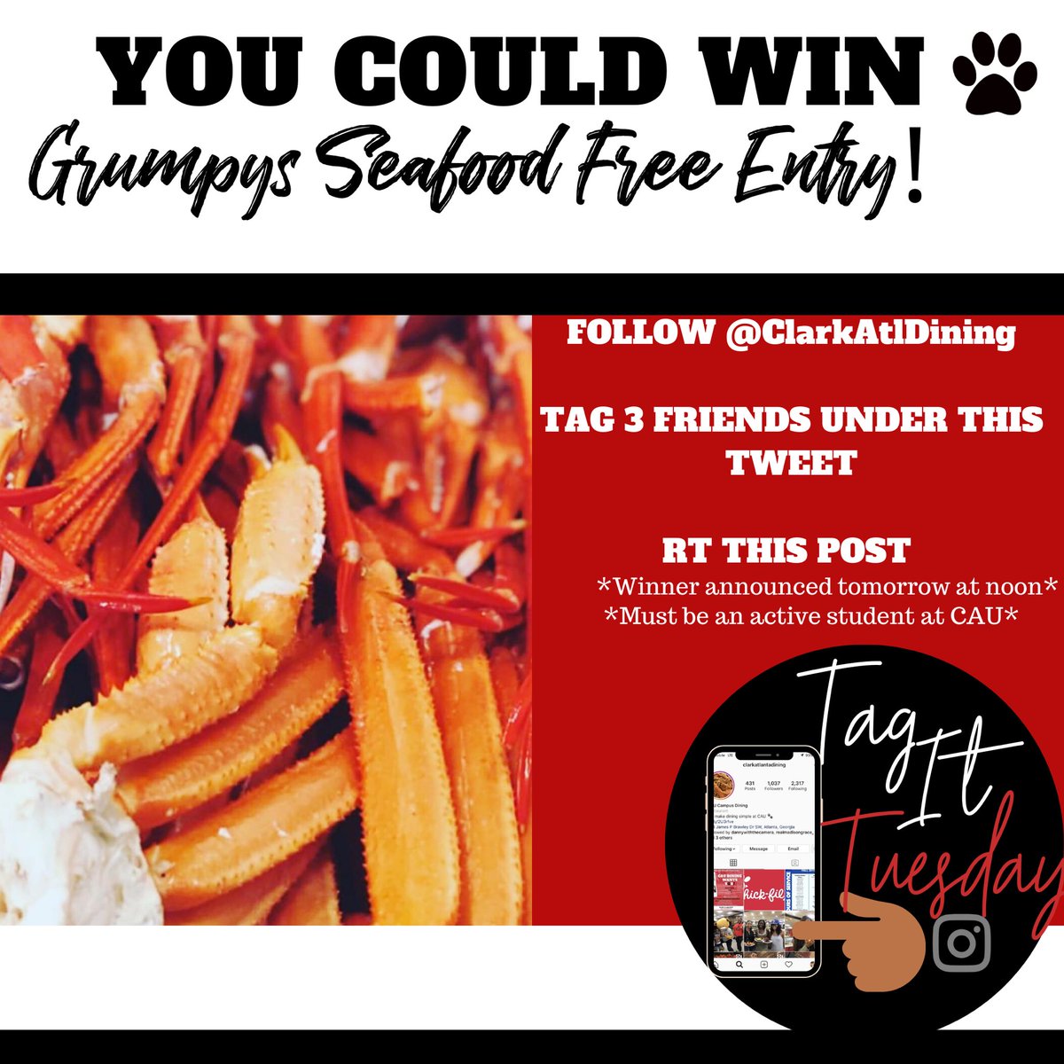 ClarkAtlDining's tweet photo. #TAGITTUESDAY has officially moved to the CAU Dining Twitter! Follow the steps below to win FREE Grumpys Seafood Palace!!!! Good luck! Winner announced tomorrow at 12! https://t.co/C2bs2nn3Iq