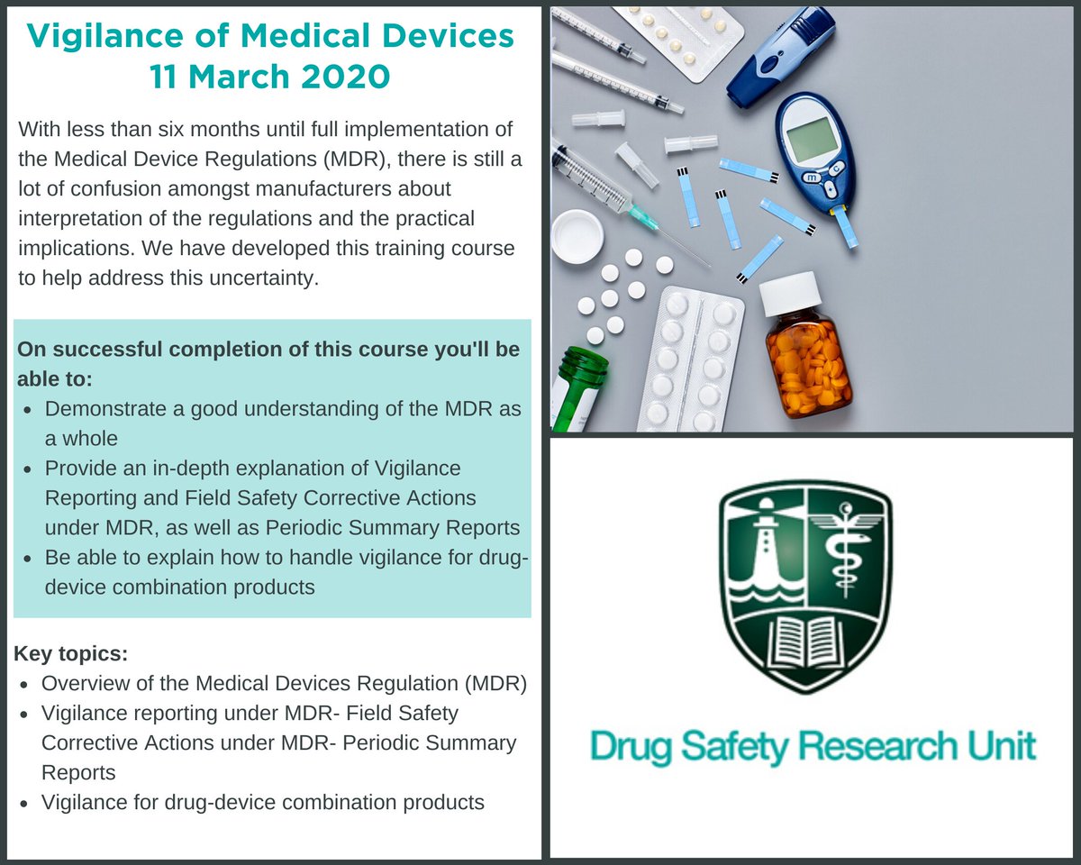 DSRUDrugSafety's tweet photo. Don't miss our first course on Devices Vigilance next month! We'll address the interpretation, challenges and practical implications of the new #MedicalDevice Regulations #EUMDR which will be implemented in May https://t.co/Vy98L9QUmd #meddevice #medtech #medicaldevices https://t.co/GHdYqGK21C