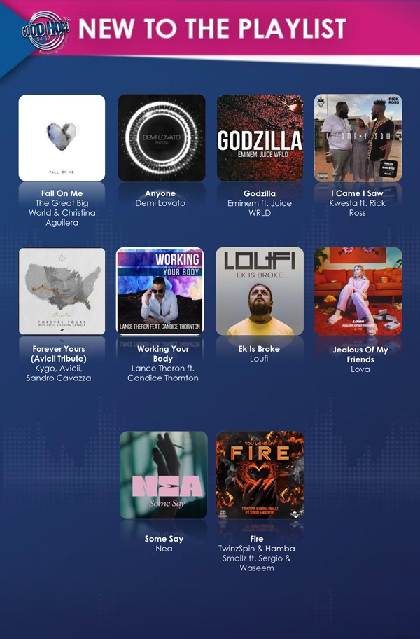 Good Hope FM (@goodhopefm) on Twitter photo #NewToTheGHFMPlaylist 📻
<a href="/KwestaDaKAR/">Bhut’ Kwesta</a>
<a href="/RickRoss/">Yung Rénzél 👑</a>
<a href="/LanceTheronDJ/">Lance Theron</a>
<a href="/CandiceCnt/">Candice Thornton</a>
<a href="/TwinzSpin/">TwinzSpin</a>
<a href="/AGreatBigWorld/">A Great Big World</a>
<a href="/xtina/">Christina Aguilera</a>
<a href="/Eminem/">Marshall Mathers</a>
<a href="/JuiceWorlddd/">.</a>
<a href="/KygoMusic/">Kygo</a>
<a href="/Avicii/">Tim Bergling</a>
<a href="/SandroCavazza/">Sandro Cavazza</a>
#Loufi
#DemiLovato
& More
👍 Vote some 💪
bit.ly/3b8k2SI #NewToTheGHFMPlaylist 📻
<a href="/KwestaDaKAR/">Bhut’ Kwesta</a>
<a href="/RickRoss/">Yung Rénzél 👑</a>
<a href="/LanceTheronDJ/">Lance Theron</a>
<a href="/CandiceCnt/">Candice Thornton</a>
<a href="/TwinzSpin/">TwinzSpin</a>
<a href="/AGreatBigWorld/">A Great Big World</a>
<a href="/xtina/">Christina Aguilera</a>
<a href="/Eminem/">Marshall Mathers</a>
<a href="/JuiceWorlddd/">.</a>
<a href="/KygoMusic/">Kygo</a>
<a href="/Avicii/">Tim Bergling</a>
<a href="/SandroCavazza/">Sandro Cavazza</a>
#Loufi
#DemiLovato
& More
👍 Vote some 💪
bit.ly/3b8k2SI