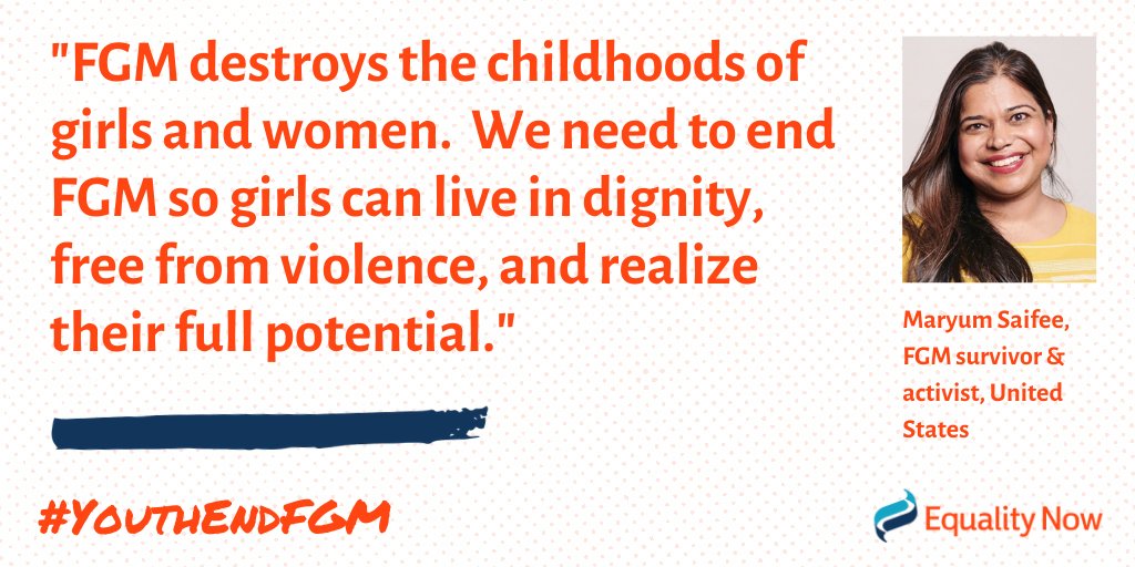 equalitynow's tweet photo. We asked Maryum Saifee, #FGM survivor &amp; activist, how can #YouthEndFGM? 

"Speak up!  Even if you are not directly affected, it is important we create a world where everyone has a zero tolerance for FGM."

Catch @swordy786 on today's @OrdEquality talking #FGM &amp; the #ERA. https://t.co/ei1rp8gvTA