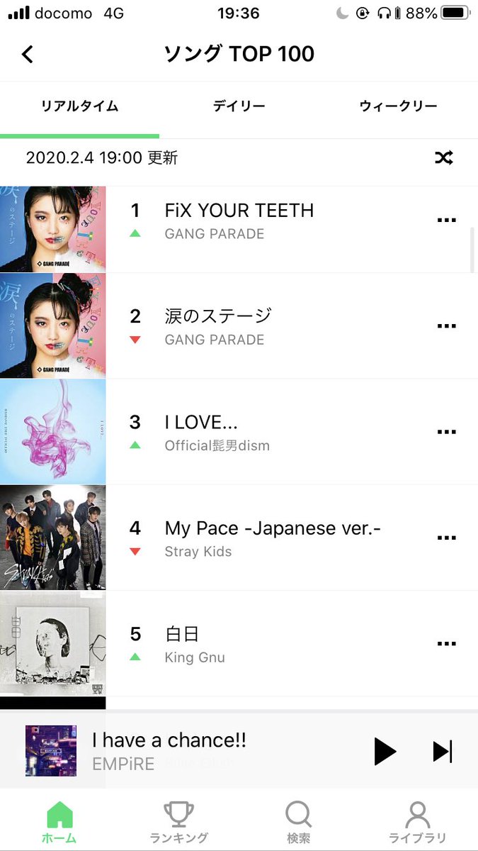 neo__ki's tweet image. 友達に｢GANGPARADE？1位2位だったよ？｣って言われて即みてスクショしまして、ナルハワールドという天使がLINEMUSICに舞い降りましたね。。
#GANGPARADE 
#FiXYOURTEETH
#涙のステージ