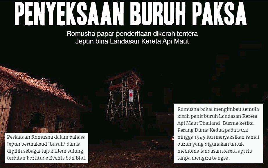FilemKita's tweet photo. Filem #Romusha shooting hujung 2017. Sudah 2 tahun pasca-produksi. Harap ada perkembangan terkini tahun ini.
Arahan Opie Zami.
Terbitan Fortitude Events Sdn Bhd.
Lakonan Syazwan Zulkifly, Jasmine Suraya, Rahim Razali, Dian P. Ramlee, AC Mizal, Jonathan Putra & lain2.
#Filem2020 https://t.co/C1hGFeFhdn