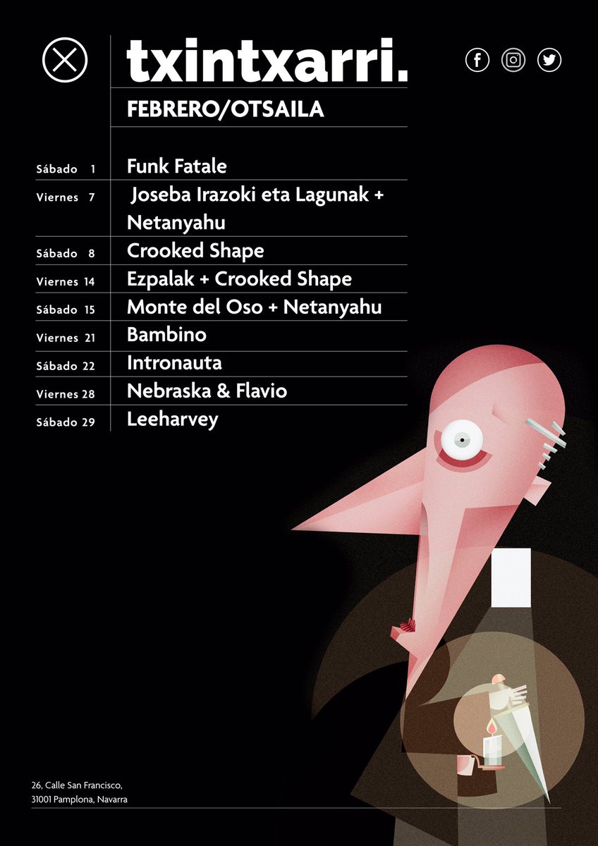 txintxarribar's tweet photo. ✖️🕯#FEBRERO🕯✖️
📆 S01 🎧 #FunkFatale
📆 V07 🎸 @JIrazoki eta lagunak + 🎧 #Netanyahu
📆 S08 🎧 #CrookedShape
📆 V14 🎸 #Ezpalak + 🎧 #CrookedShape
📆 S15 🎸 @montedeloso + 🎧 #Netanyahu
📆 V21 🎧 #Bambino
📆 S22 🎧 @intronautadj
📆 V28 🎧 #NebraskayFlavio
📆 S29 🎧 #Leeharvey https://t.co/FSsJB7Bbfh