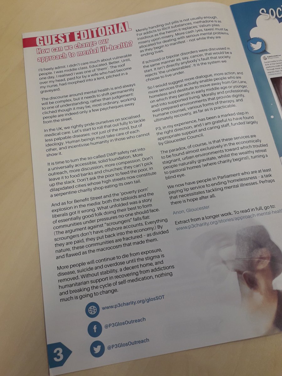 DanPsp3's tweet photo. Great to see the guest editorial page in @P3Charity magazine, P3rspectives, is from someone we have supported. Shows that homelessness can affect anyone #peopleshapingp3 #livedexperience https://t.co/ZNQBu5AROl