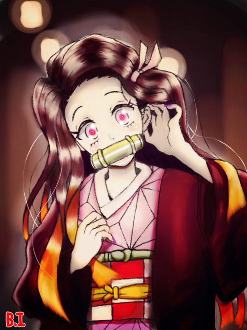 馬場猪木さんがTwitterに投稿した竈門禰豆子(鬼滅の刃)のイラスト。