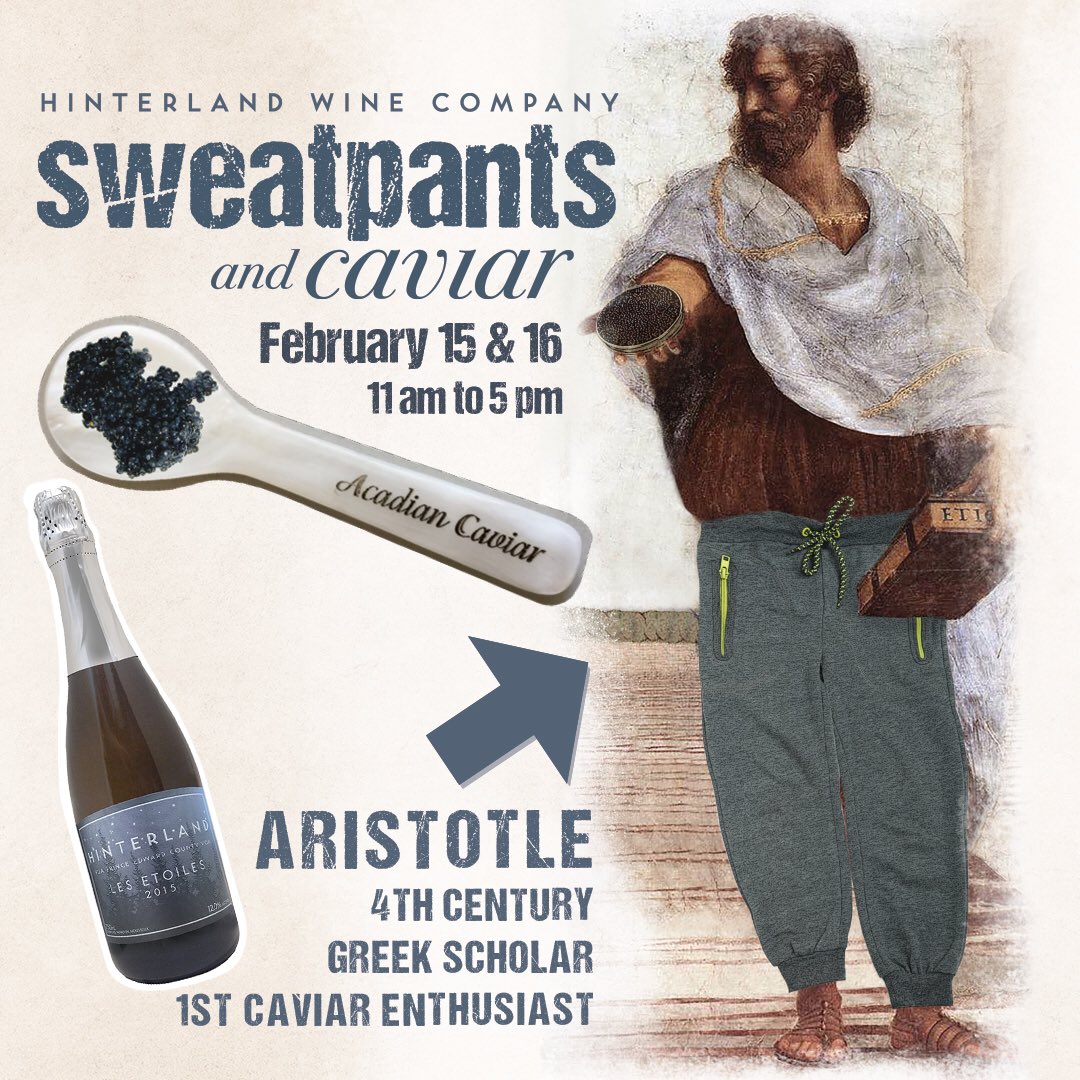 hinterlandwine's tweet photo. February 15th & 16th. Sweatpants & Caviar. 11am to 5pm. Snacks, oysters. Don’t like caviar? Just don your track suit & come for the bubbles. Visit our website for more details and to preorder your caviar. #princeedwardcounty #hinterlude #sweatpantsandcaviar https://t.co/H8cvh9bwKi