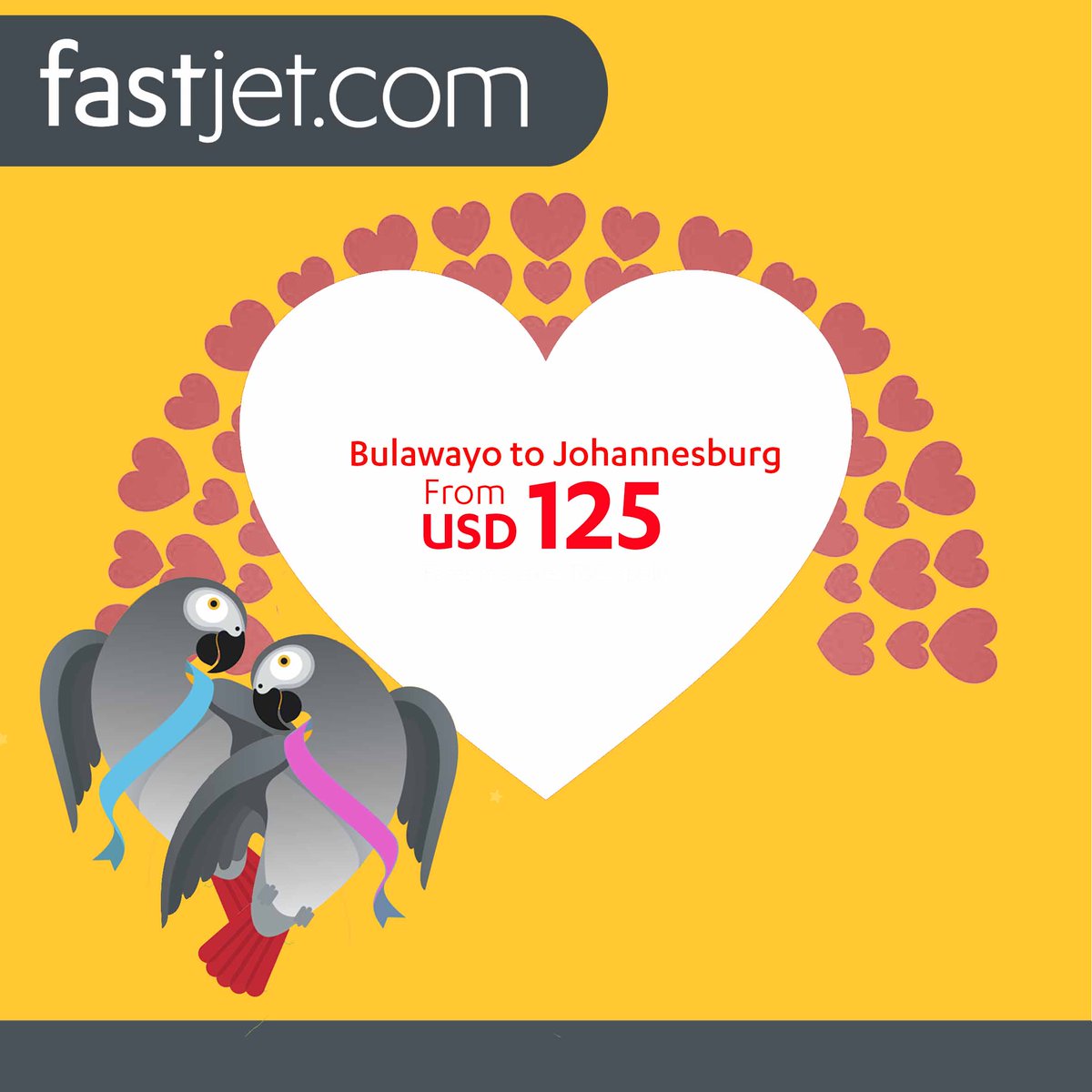 During February fly from Bulawayo to Johannesburg for as little as USD$125 including taxes and baggage allowances. 
Book now as low fares are subject to availability
#Fastjet #MonthofLove #LowFares