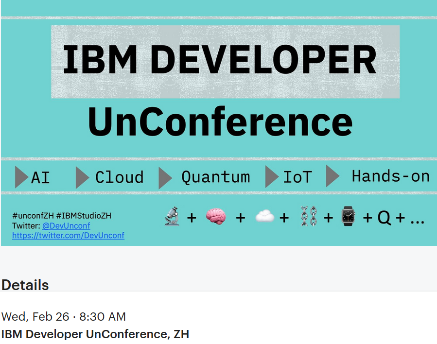 melaniecz's tweet photo. For all developers: Register for the #unconfZH on Feb 26, 2020 organised by @Youri_Boehler @ the #IBMStudioZH of the #IBM Client Center Zurich #IBMCCZurich and discuss interesting topics #AI #Cloud #Quantum #IoT #DevUnconf @PascalAllot @IBMCH @IBMCCtr https://t.co/xsNZAUUSdZ