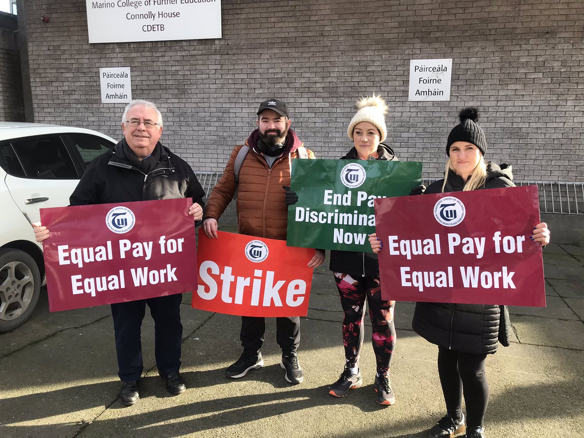 CathalBrughaFET's tweet photo. Striking today for equal pay for our colleagues. Visited by chair of our Board @JoeCostelloIE @TUIunion @CityofDublinETB Overwhelming support by passers by #EndPayDiscrimination https://t.co/hsMfSLsw4Q