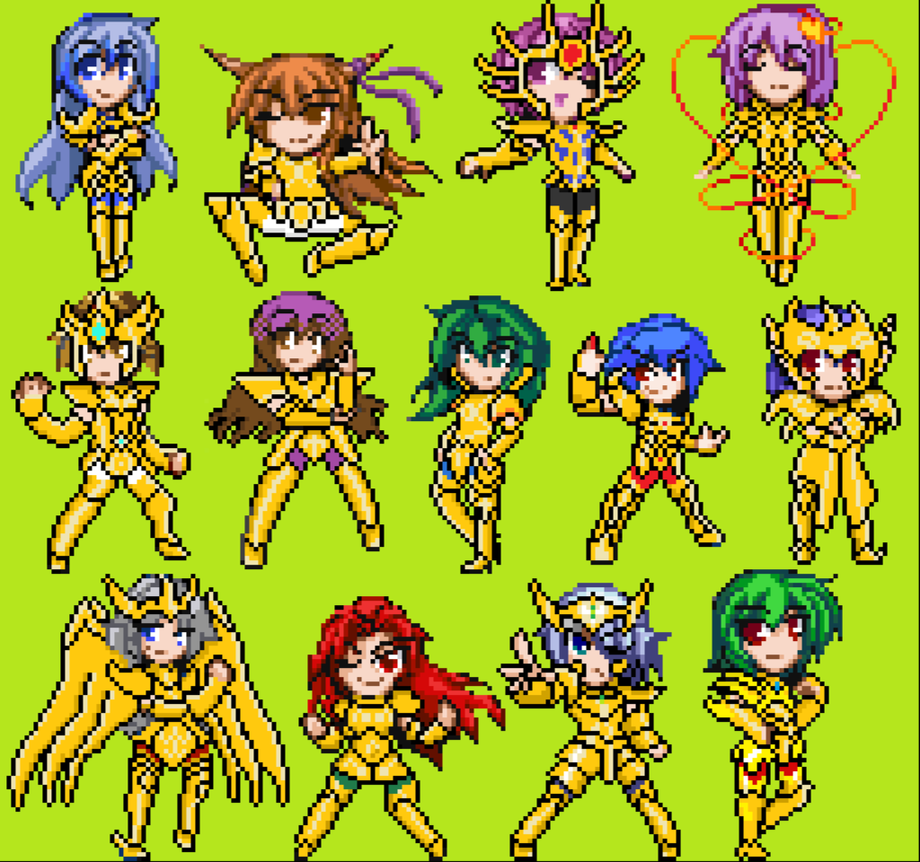 ヲキツシラナミ 東方と聖闘士星矢のクロスオーバー作品ってあんまり見ませんね ってことで2年前位に作った黄金聖衣を東方キャラに着せたドット絵再掲です 元のドット絵は東方人形演舞です 東方 聖闘士星矢 東方人形演舞