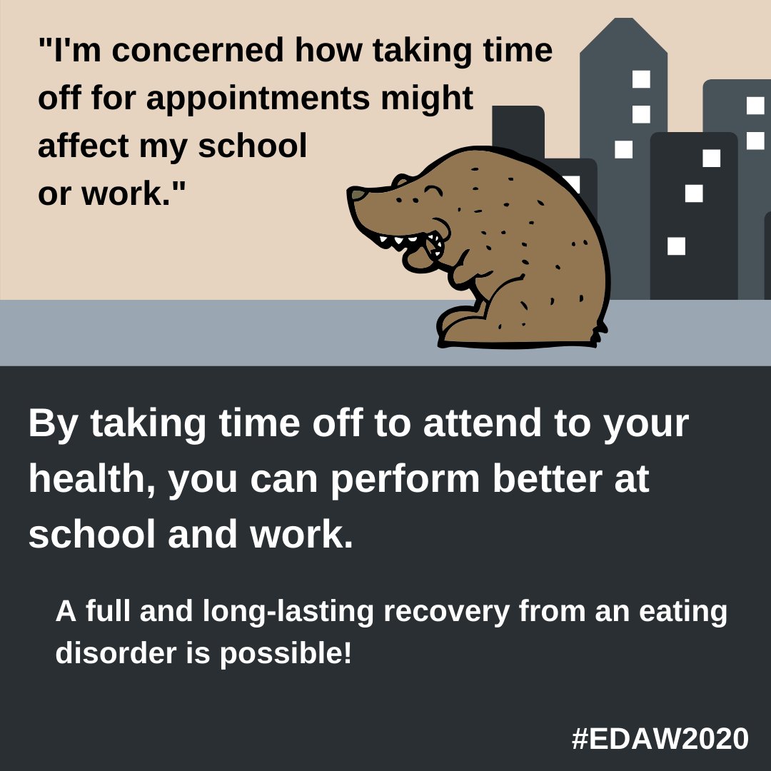 theNEDIC's tweet photo. "I'm concerned how taking time off for appointments might affect my school or work." 

Making the time to treat your eating disorder appropriately takes a lot of strength. By taking time off to attend to your health, you can perform better in school and work. https://t.co/lcOSiNYvG3