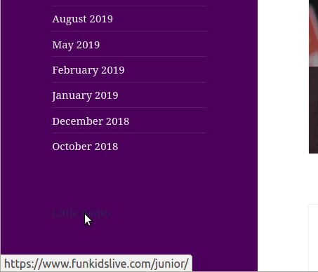 Screenshot of the bottom-left corner of Matt Deegan's website, with the cursor over an apparently blank purple area, but the status bar showing it's a link to https://www.funkidslive.com/junior/