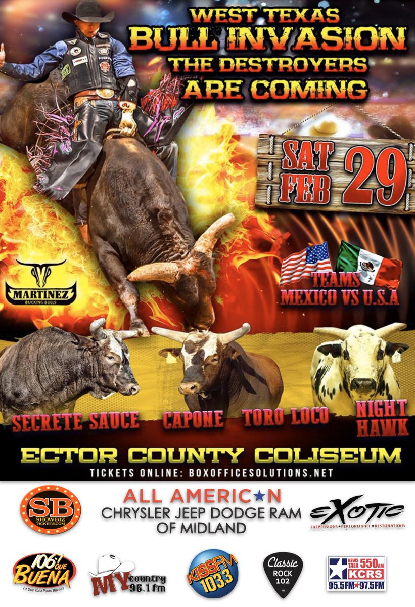 fiestaWtx's tweet image. PROFESSIONAL #BULLRIDING COMES TO ODESSA  “THE WEST TEXAS BULL INVASION”Some of  #RANKEST Bulls against the #TUFFEST  Bull Riders ‼️ Saturday February 29th  Ector County Coliseum ▶️ Reserved seating online at boxofficesolutions.net  and the coliseum box office