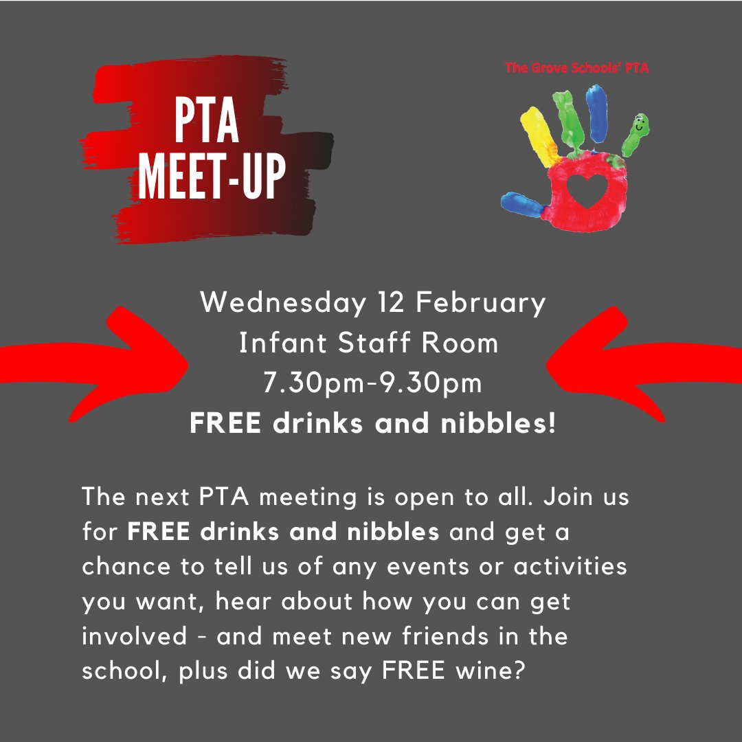 GroveSchoolsPTA's tweet photo. Join us next week - WEDNESDAY 12 February at 7.30pm for the PTA Meet-Up. There's no obligation to sign up to volunteer, just have your say, find out what's happening with the events and have a glass of wine on us. Mums, Dads, Grandparents - All Welcome! See you there! https://t.co/r32Erhxkuk