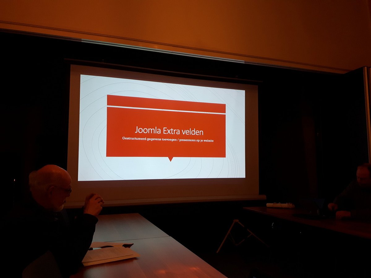 JoomlaHveen's tweet photo. 'Custom fields in Joomla' is het onderwerp van vanavond. Een demo door @ericbeernink #joomla https://t.co/q6Xue3iMYD