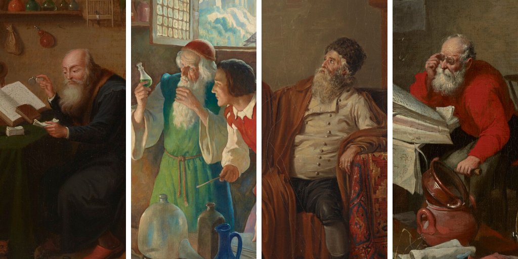Details of four different paintings, each of them colorful depictions of white, male alchemists with impressive beards.