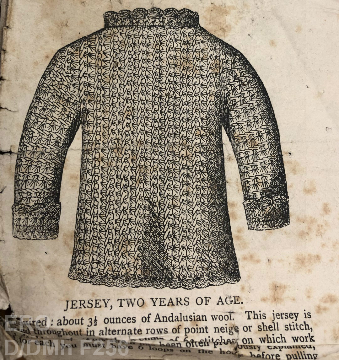 Yellowed and ripped newspaper clipping showing printed image of completed product: Jersey, two years of age