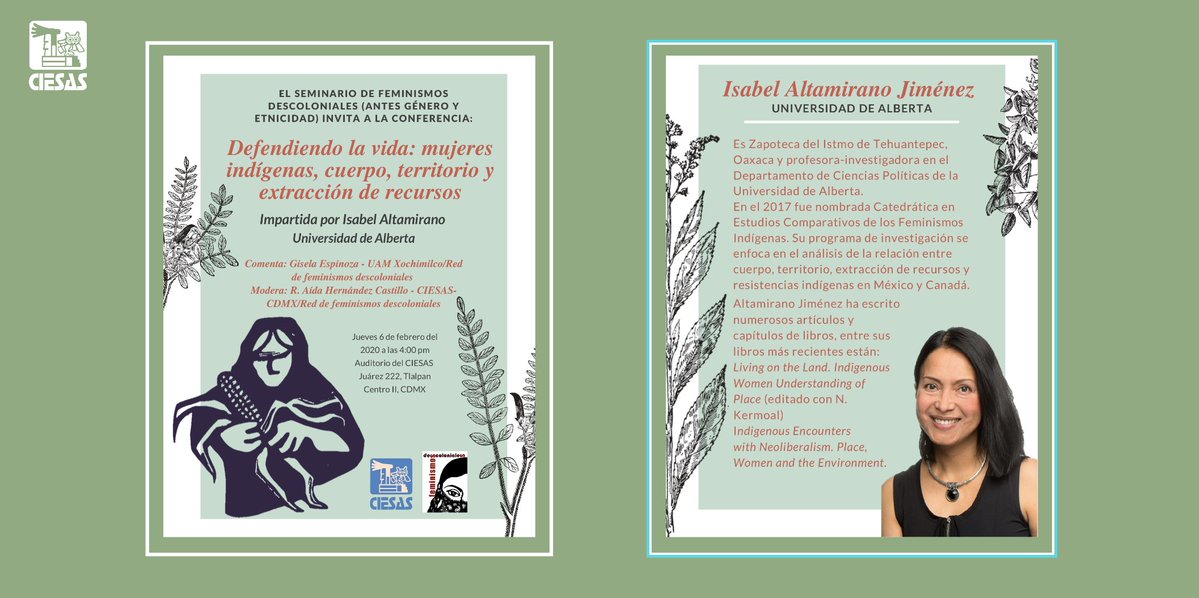 ciesas's tweet photo. #QueNoSeTePase
Isabel Altamirano Jiménez, de la Universidad de Alberta, #Canadá, estará en #CIESAS222 hablando sobre la defensa de la vida y el territorio de las mujeres. 👇 https://t.co/QlJ4OYjcom