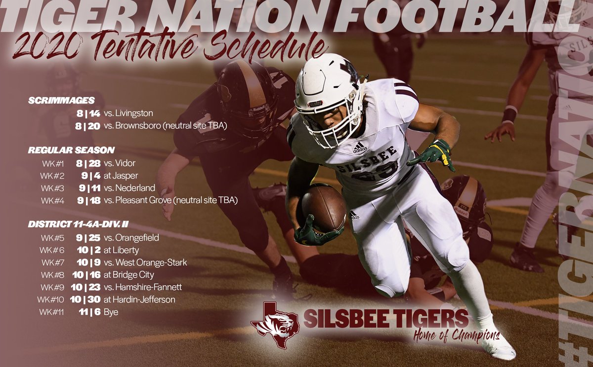SHS_TigerNation's tweet photo. The 2020 football season dates are set! Some neutral sites will be determined at a later date.
#WeAreSilsbee #TigerNation #LockedIn #BringTheJuice https://t.co/eYRacsfRj9