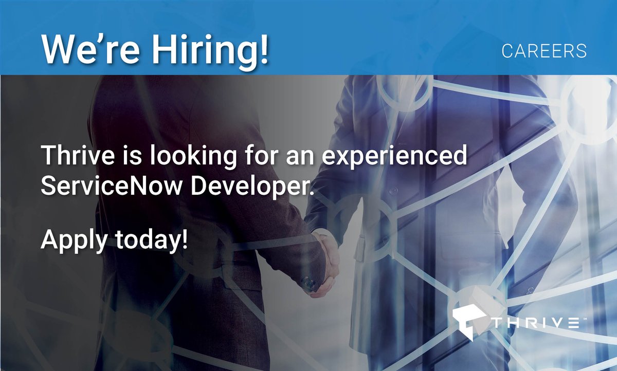 thrivenetworks's tweet photo. #Thrive is looking for an experienced ServiceNow Developer to join our growing team. This position will be responsible for owning technical solutions on the #ServiceNow platform. Send your resume to careers@thrivenetworks.com to #apply today! 

https://t.co/XuWpJ8SWrV https://t.co/uhfHpmbWlH