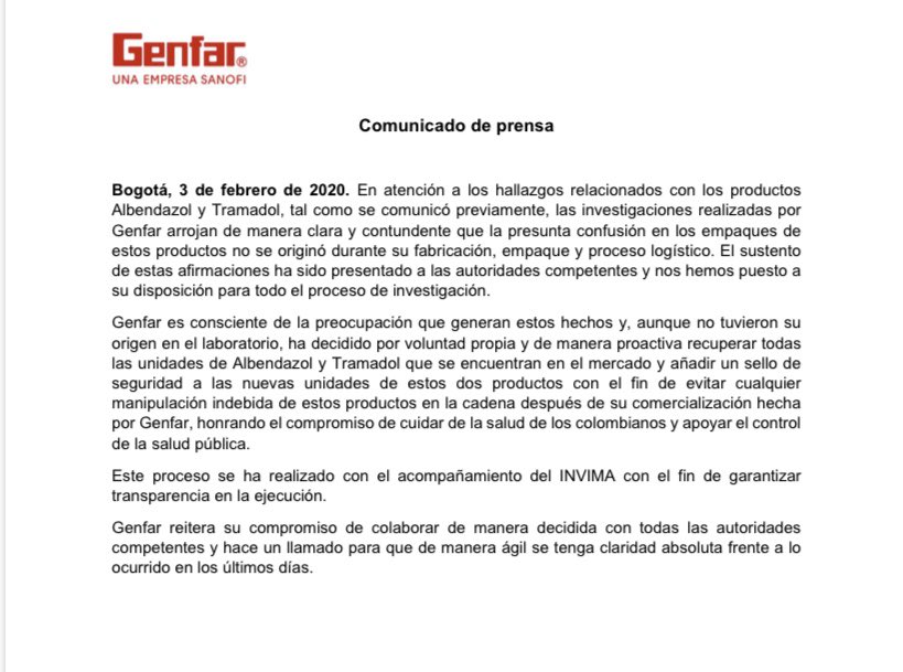 France_Colombia's tweet photo. [Comunicado de prensa]🔊
" #Genfar reitera su compromiso de colaborar de manera decidida con todas las autoridades competentes y hace un llamado para que de manera ágil se tenga claridad absoluta frente a lo ocurrido” Más información ⬇️⬇️ https://t.co/v0OLD0MK2J