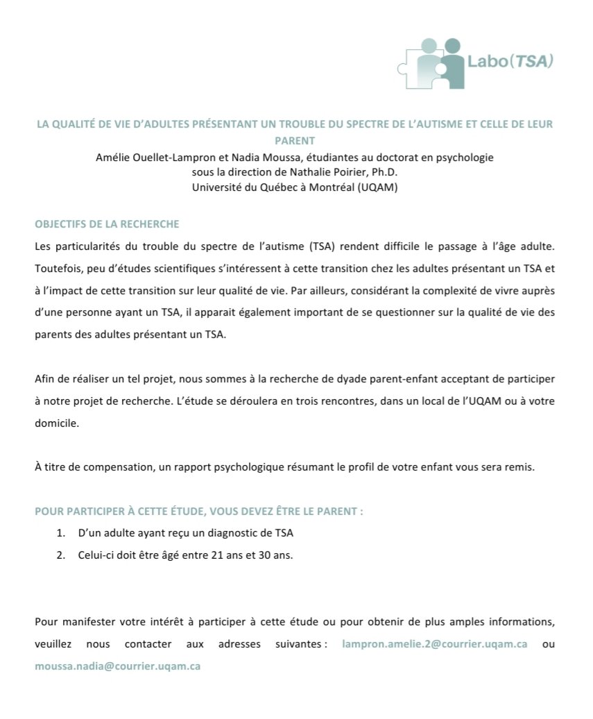 ERISAUTISME's tweet photo. Sous la direction de notre collègue Dre Nathalie Poirier, deux étudiantes au doctorat en psychologie à l' @UQAM, recherchent des PARENTS de personnes autistes âgées entre 21 et 30 ans. 

Merci de votre précieuse collaboration ! https://t.co/Fnw37GnJEy