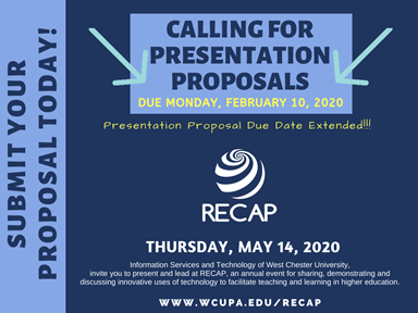 RECAPConference's tweet photo. RECAP is not just a conference, it is a tradition here at West Chester University!  You are cordially invited to present and lead RECAP 2020. Presentation Proposal Due Date Extended to Mon 2/10/20 https://t.co/Wg9BTTyJR6 #WCURECAP https://t.co/8rgT1TkWku