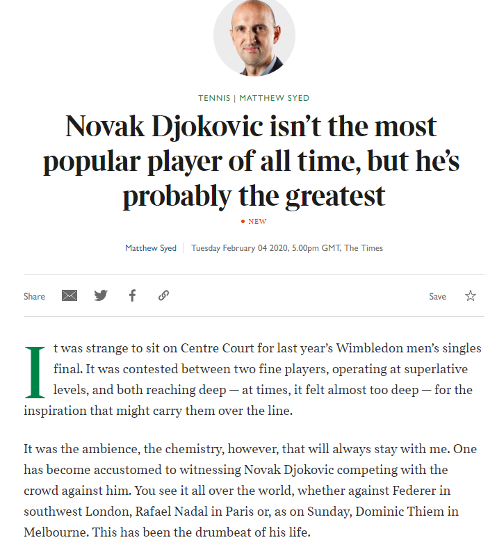 CristinaNcl's tweet photo. Djokovic is subtly — and, to me, beautifully — different. ❤️
... as the tension of a match waxes and wanes, still he plays with the same, immaculately calibrated intensity. I have often seen him smile as the crowd gets behind opponents, as if recognising that it gives him... 
1/2 https://t.co/otlQypDNRo