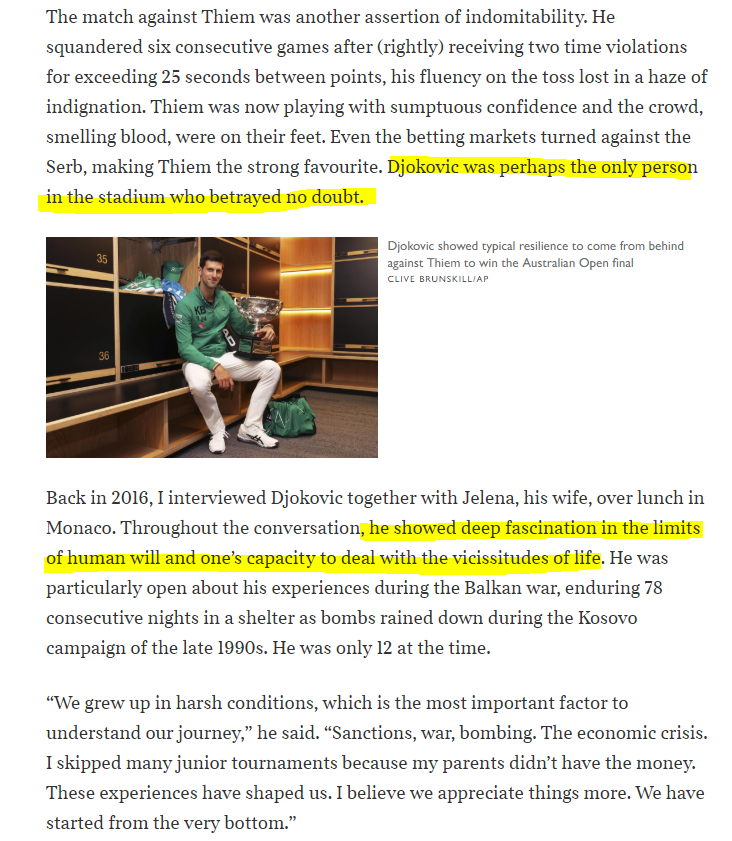 CristinaNcl's tweet photo. Djokovic is subtly — and, to me, beautifully — different. ❤️
... as the tension of a match waxes and wanes, still he plays with the same, immaculately calibrated intensity. I have often seen him smile as the crowd gets behind opponents, as if recognising that it gives him... 
1/2 https://t.co/otlQypDNRo