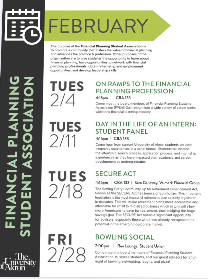 UAFPSA's tweet photo. Come join us for our first meeting of the semester! We will be speaking about all the unique pathways you may start your journey in the financial planning field! CBA 133 at 4:15 today! https://t.co/SXxYd4RLVz