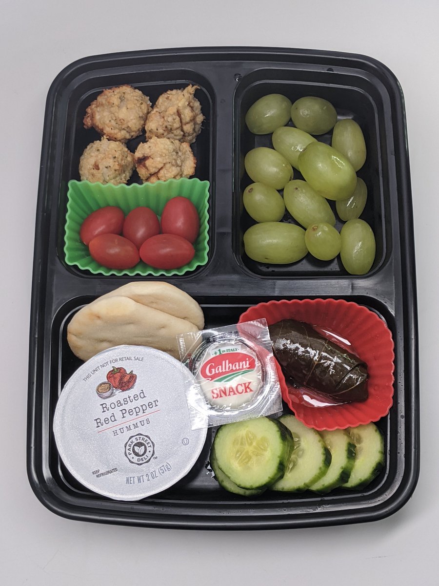 SnackAttackTV's tweet photo. Shoulda gotten some tzatziki. 🤷 This week's lunches are Mediterranean inspired - 
chicken  meatballs 
roasted red pepper hummus 
cucumbers 
naan dippers 
cherry tomatoes 
green grapes 
mozzarella snack ball 
dolmas 
🥒🍅 
#lunchtime https://t.co/BZm4dSr0w3