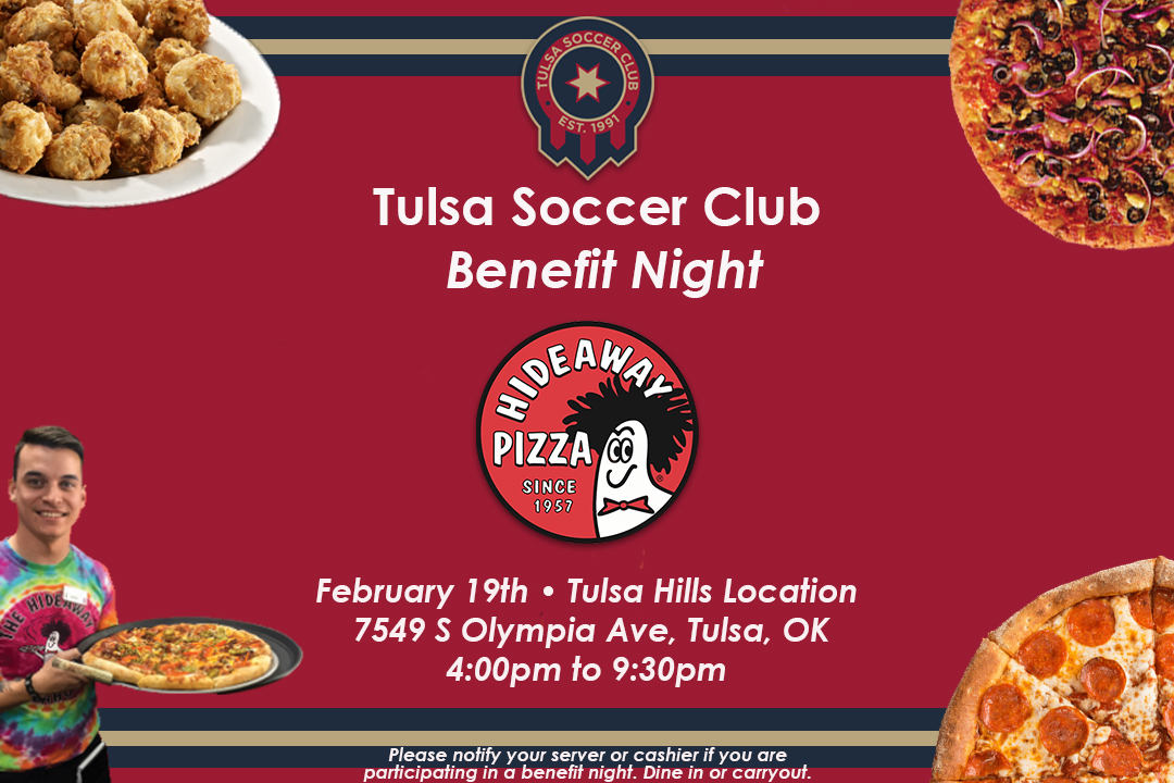 TulsaSC's tweet photo. ⚽️➕🍕=😁
Get your pizza Feb 19th from @hideawaypizza at Tulsa Hills at the #TulsaSC Benefit Night👏🔥
Proceeds will go towards scholarship funding for the TSC Foundation💪 https://t.co/mWTgkXC0nf