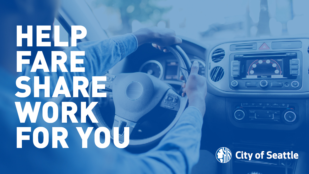 image of hands on a steering wheel with words "Help Fare Share work for you"