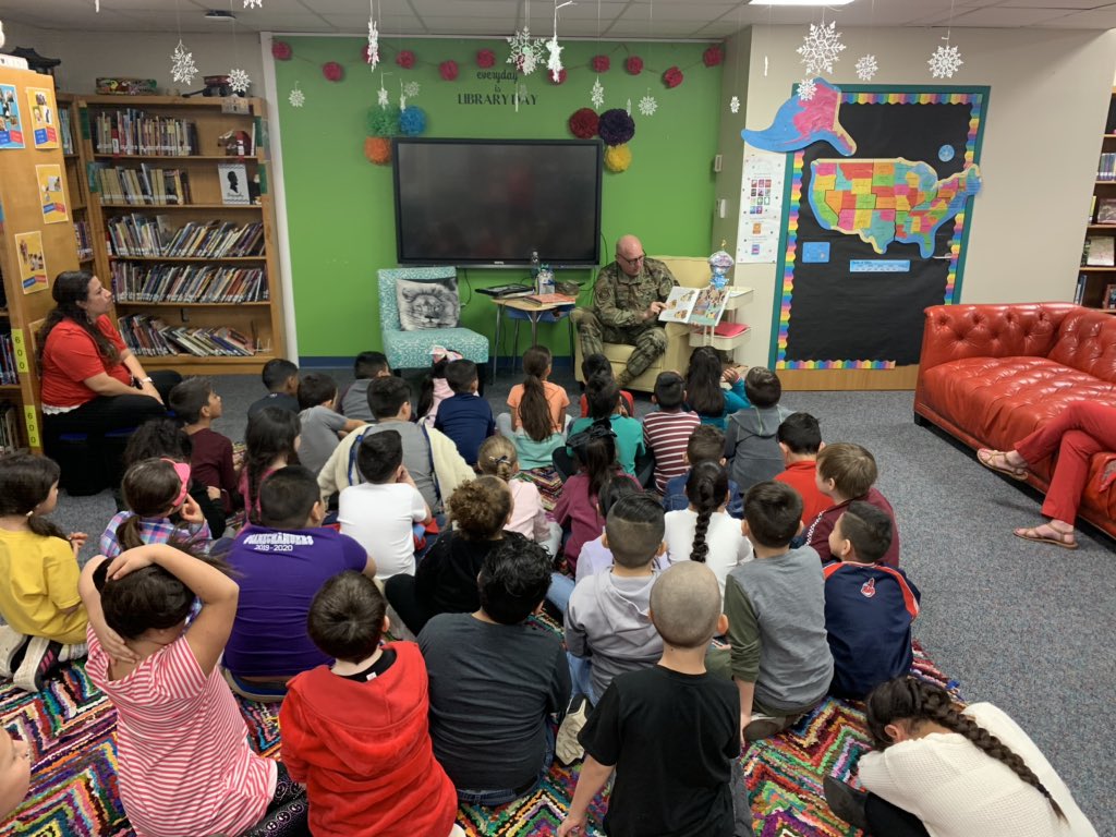 Mrs_Becker105's tweet photo. Our friend CMSgt Nienhaus came back to read us another book to celebrate world read aloud day! Thank you again @JJELibraryLions for setting this up for us! #WRAD2020 #makeitmatter #joyjames #AllMeansAll4CISD https://t.co/SHr61wWCix
