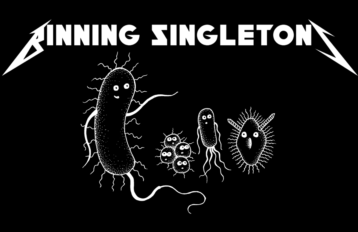 Binning Singletons logo in black and white. 4 microbes at a conference.