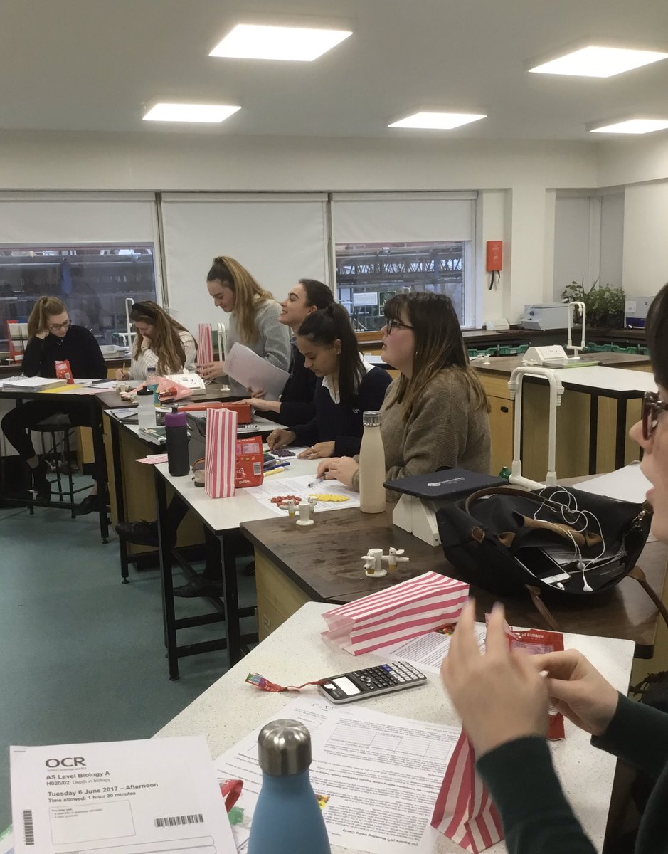DunottarSci's tweet photo. 6th form Biologists using Chi Squared to test The Null Hypothesis that sweets are evenly distributed, each bag containing the same number of colours #OCRAlevel #Biology #Statistics https://t.co/YthmmO6eWC