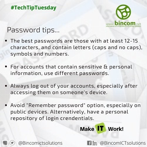 bincomict's tweet photo. Its TechTipTuesday and we will be giving a few simple tips on password security.
Remember, you can never be too careful.
We hope this was useful. If so, stay tuned as we show you how to #Make IT Work!
#TechTipTuesday
#bincomict
#bincomictsolutions
#itsecurity https://t.co/VgZhWFu40x