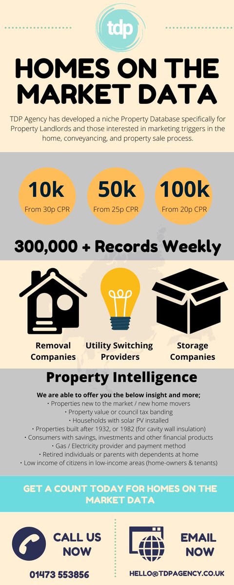TDPagency's tweet photo. H O M E S O N T H E M A R K E T D A T A
#data #database #bespokefile #bospokedata #landlord #property #marketing #marketingdata #records #conveyancing #propertydatabase #intelligentdata https://t.co/be6sWZob2L