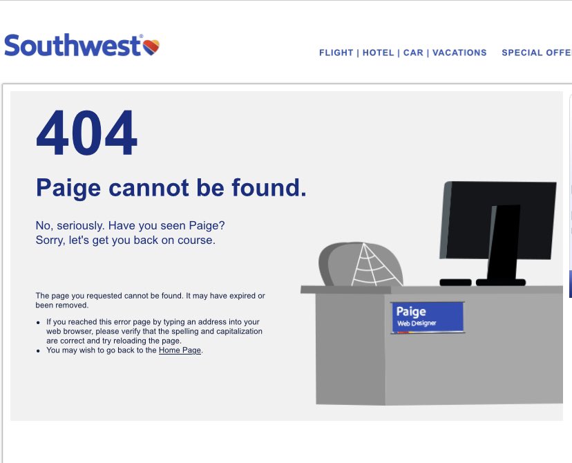 We hope you find your 404 “Paige” <a href="/SouthwestAir/">Southwest Airlines</a> 😉
#ux #uxdesign #404page
