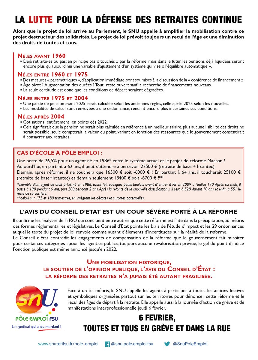 FSUEMPLOI's tweet photo. Retraites: à Pôle emploi aussi nous sommes concernés. Toutes et tous en grève ce jeudi 6 décembre 
L'exemple d'un cas d'école à #poleemploi est probant. #retraites https://t.co/TYkOjaxLWb