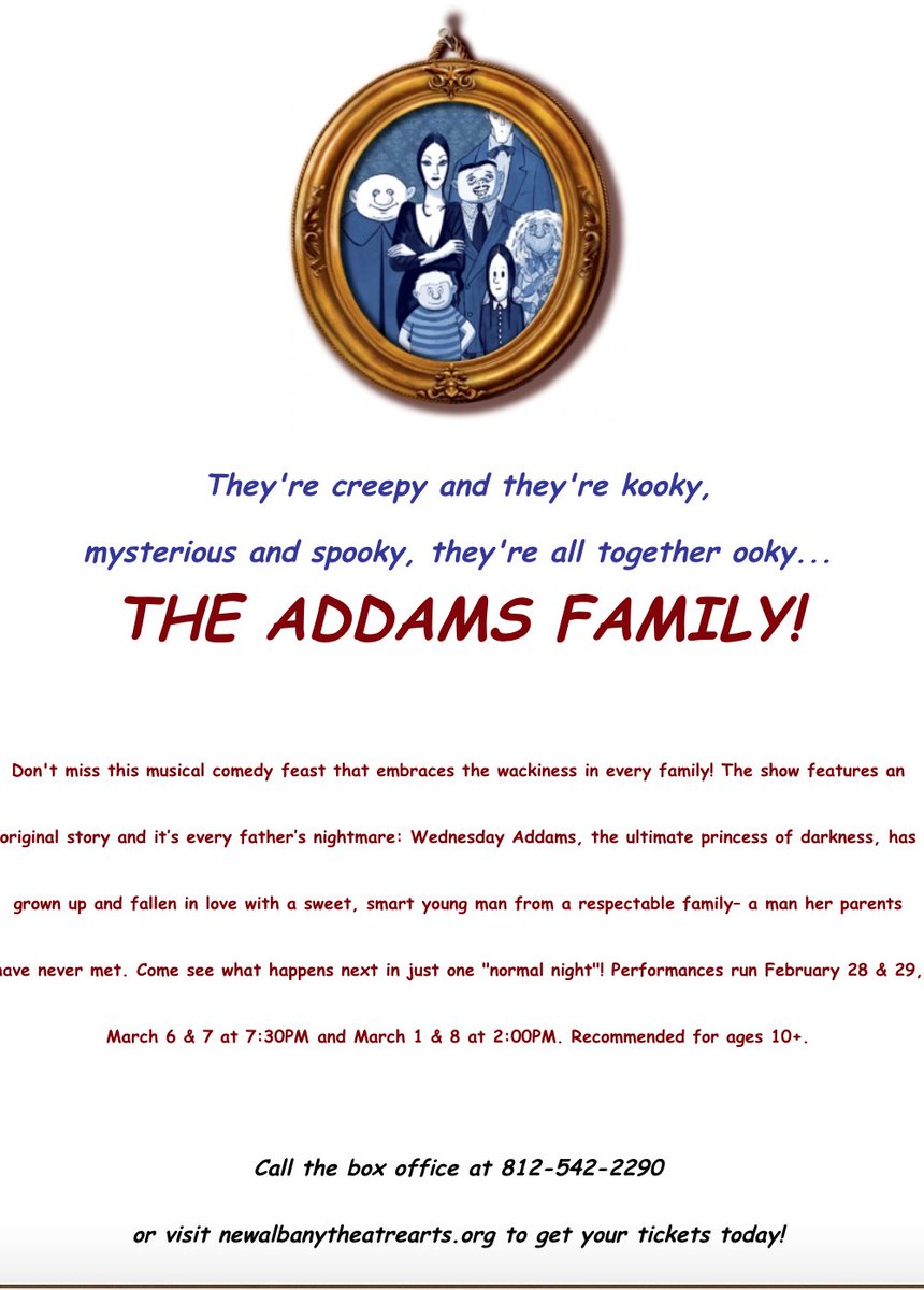 nahstheatrearts's tweet image. Don't miss THE ADDAMS FAMILY! Get your tickets today by calling the box office at 812-542-2290 or by clicking the "Get Tickets" link here. Recommended for ages 10 and up. #onenormalnight #theaddamsfamily #nahstheatrearts