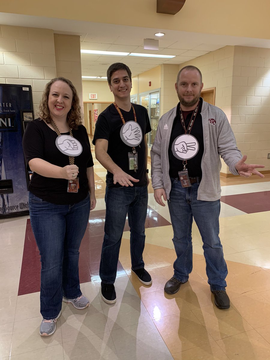 PelionOrchestra's tweet photo. Today is Famous Duo day at school for Spirit Week, but there’s three of us music teachers, so we decided to be a famous trio: Rock Paper Scissors!
@PelionPanthers @Pelion_Choirs @pelionband https://t.co/1u7KhQyeMJ
