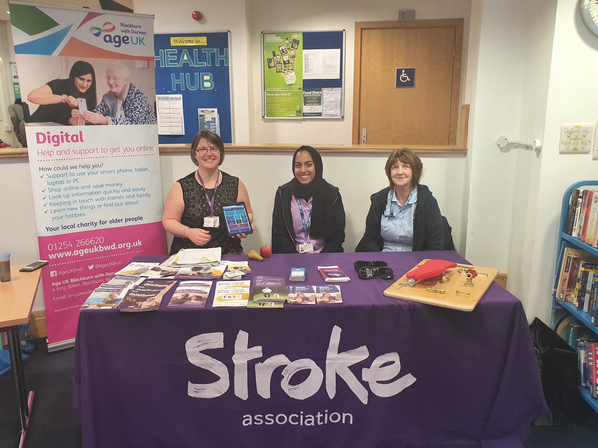 BwDLibraries's tweet photo. A look at the stalls we have in the Health Hub right now! #Bwdlibraries @AgeUKLancashire @myGPapp @TheStrokeAssoc https://t.co/XvQB50dtwf