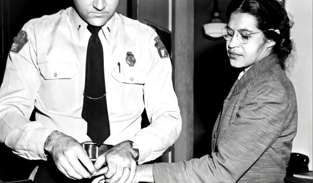 Photo shows Rosa Parks being fingerprinted in Alabama after her arrest.