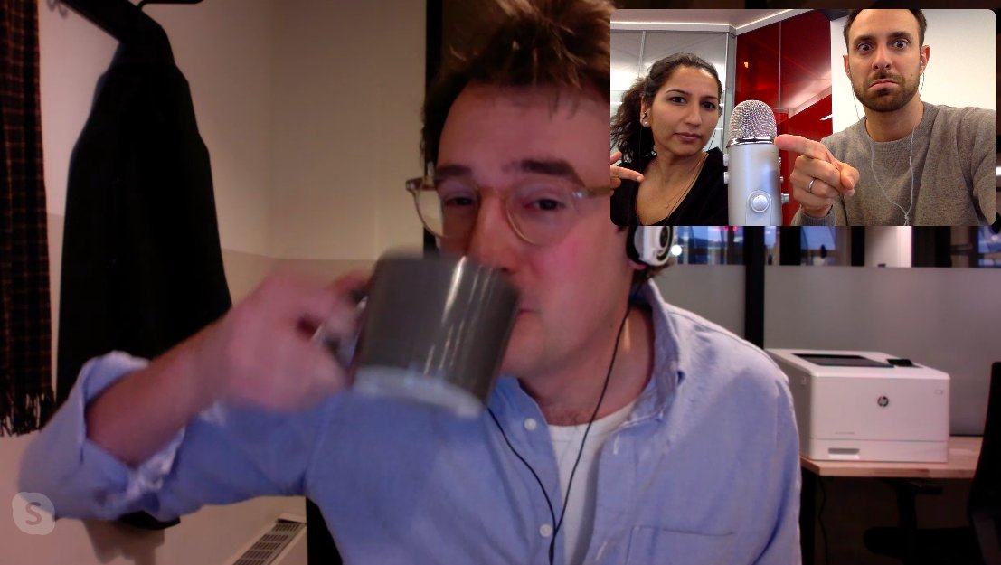 this is how we usually record these days - <a href="/BhattySaadia/">Saadia Bhatty</a> and <a href="/BrianKotick/">Brian Matthew Kotick</a> eating pastries together at a law firm office, with <a href="/joeldahlquist/">Joel</a> expelled to a separate location