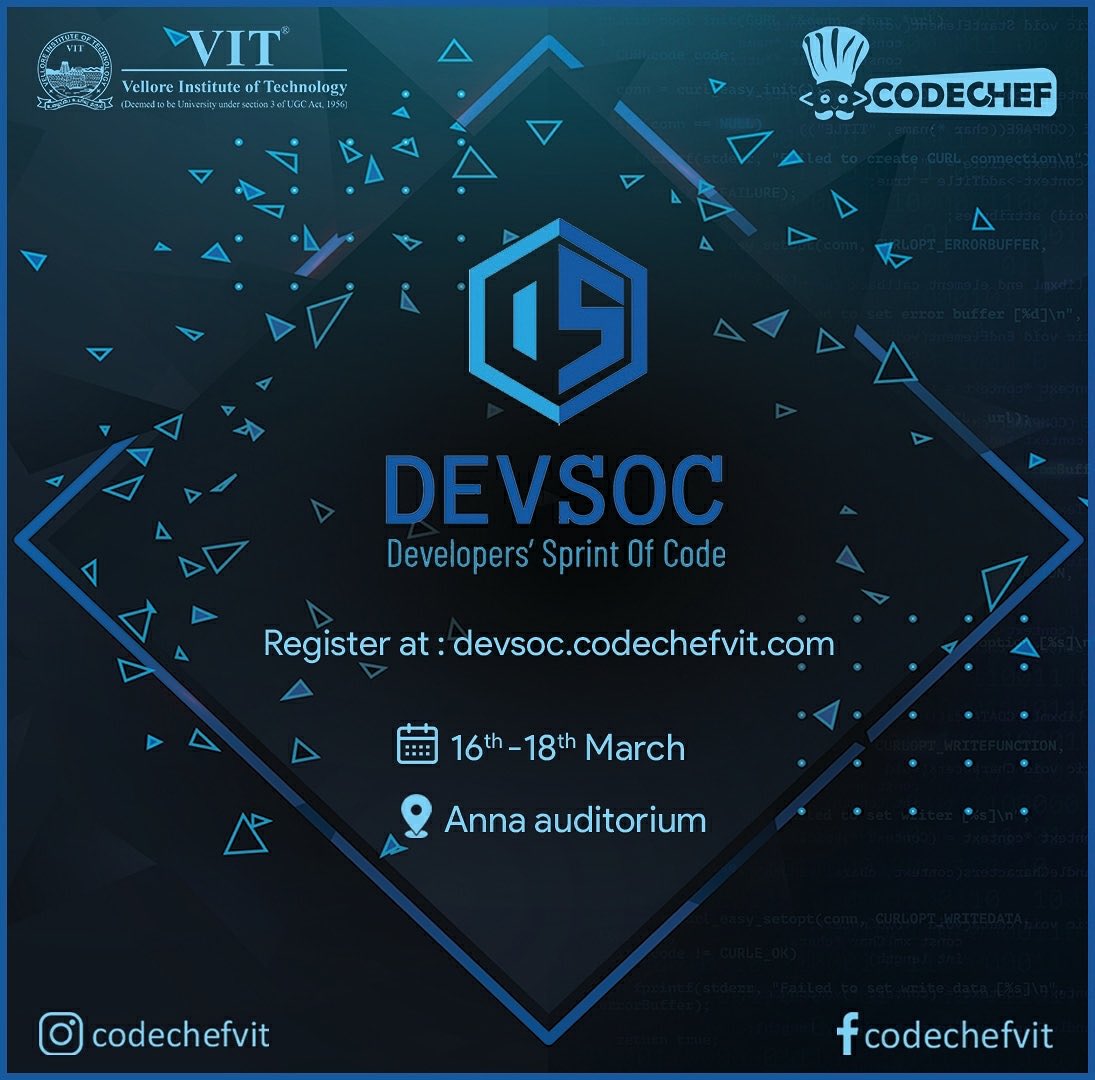 codechefvit's tweet image. This spring season, let all your skills bloom and shine bright as CodeChef-VIT brings you the greatest and biggest hackathon yet- DEVSOC‘20!

devsoc.codechefvit.com 

#DEVSOC #CodeChefVIT @VIT_univ